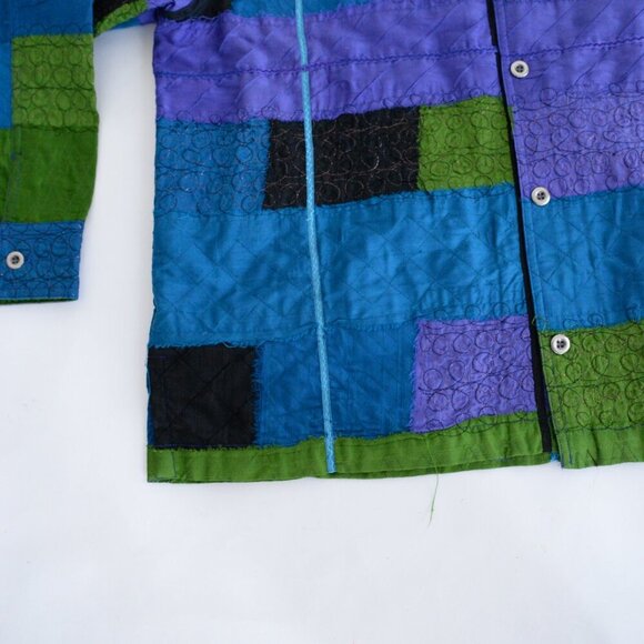 Vintage Easy Spirit Black Purple 100% Silk Patchwork Embroidery Button Jacket XL - Picture 8 of 10